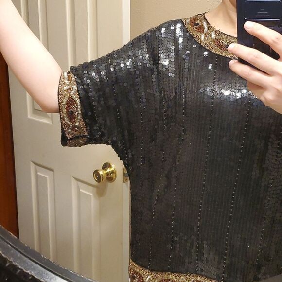 Vintage Sequin & Embroidered Silk Top with Dolman Sleeves by Justine Todd Size M - Picture 3 of 13